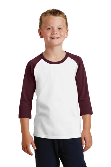 Port & Company PC55YRS Youth Core Moisture Wicking 3/4 Sleeve Crewneck T-Shirt White/Maroon Front