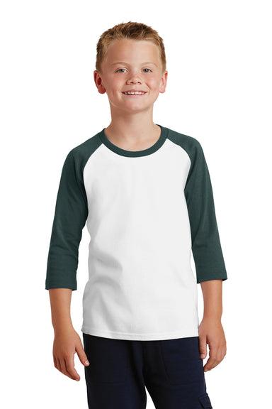 Port & Company PC55YRS Youth Core Moisture Wicking 3/4 Sleeve Crewneck T-Shirt White/Dark Green Front