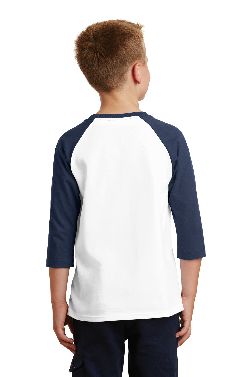 Port & Company PC55YRS Youth Core Moisture Wicking 3/4 Sleeve Crewneck T-Shirt White/Navy Blue Back