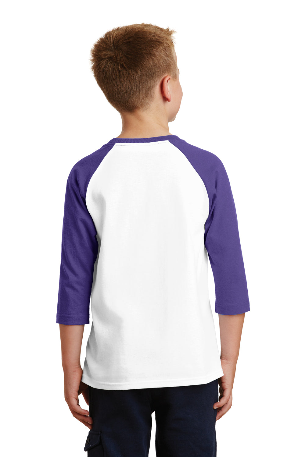 Port & Company PC55YRS Youth Core Moisture Wicking 3/4 Sleeve Crewneck T-Shirt White/Purple Back