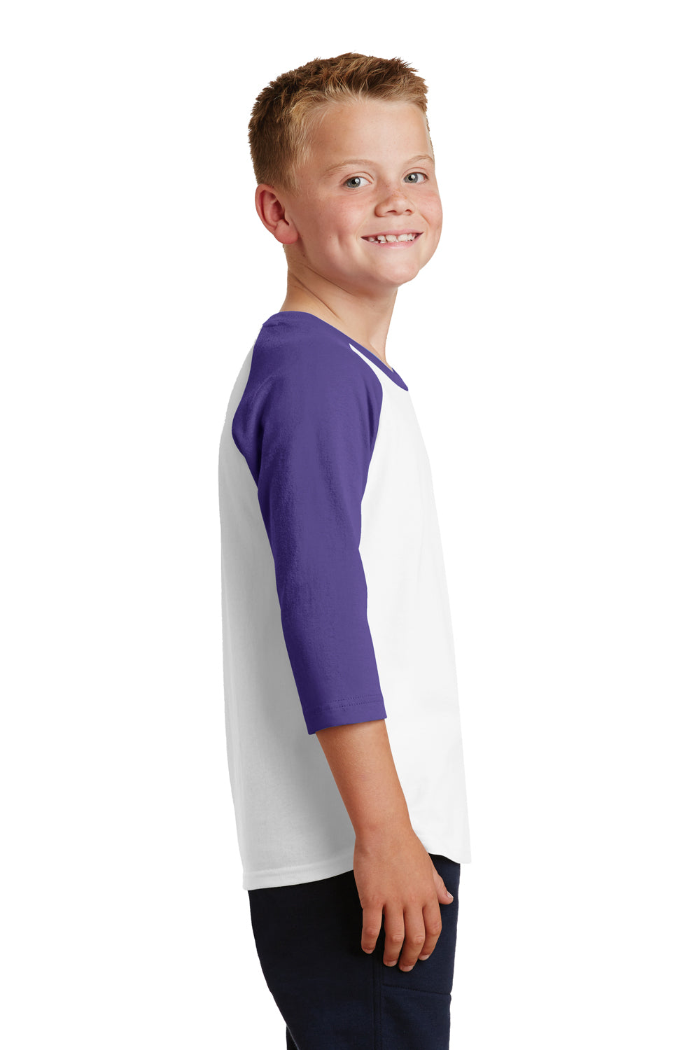 Port & Company PC55YRS Youth Core Moisture Wicking 3/4 Sleeve Crewneck T-Shirt White/Purple Side