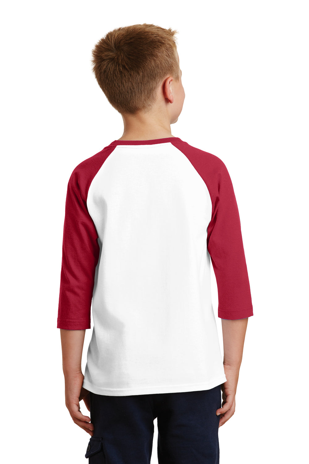 Port & Company PC55YRS Youth Core Moisture Wicking 3/4 Sleeve Crewneck T-Shirt White/Red Back