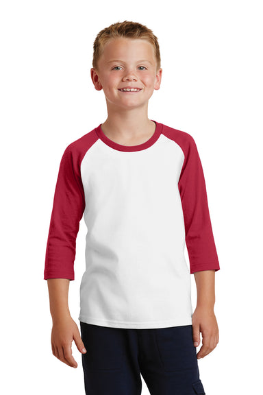 Port & Company PC55YRS Youth Core Moisture Wicking 3/4 Sleeve Crewneck T-Shirt White/Red Front
