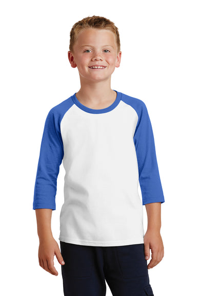 Port & Company PC55YRS Youth Core Moisture Wicking 3/4 Sleeve Crewneck T-Shirt White/Royal Blue Front