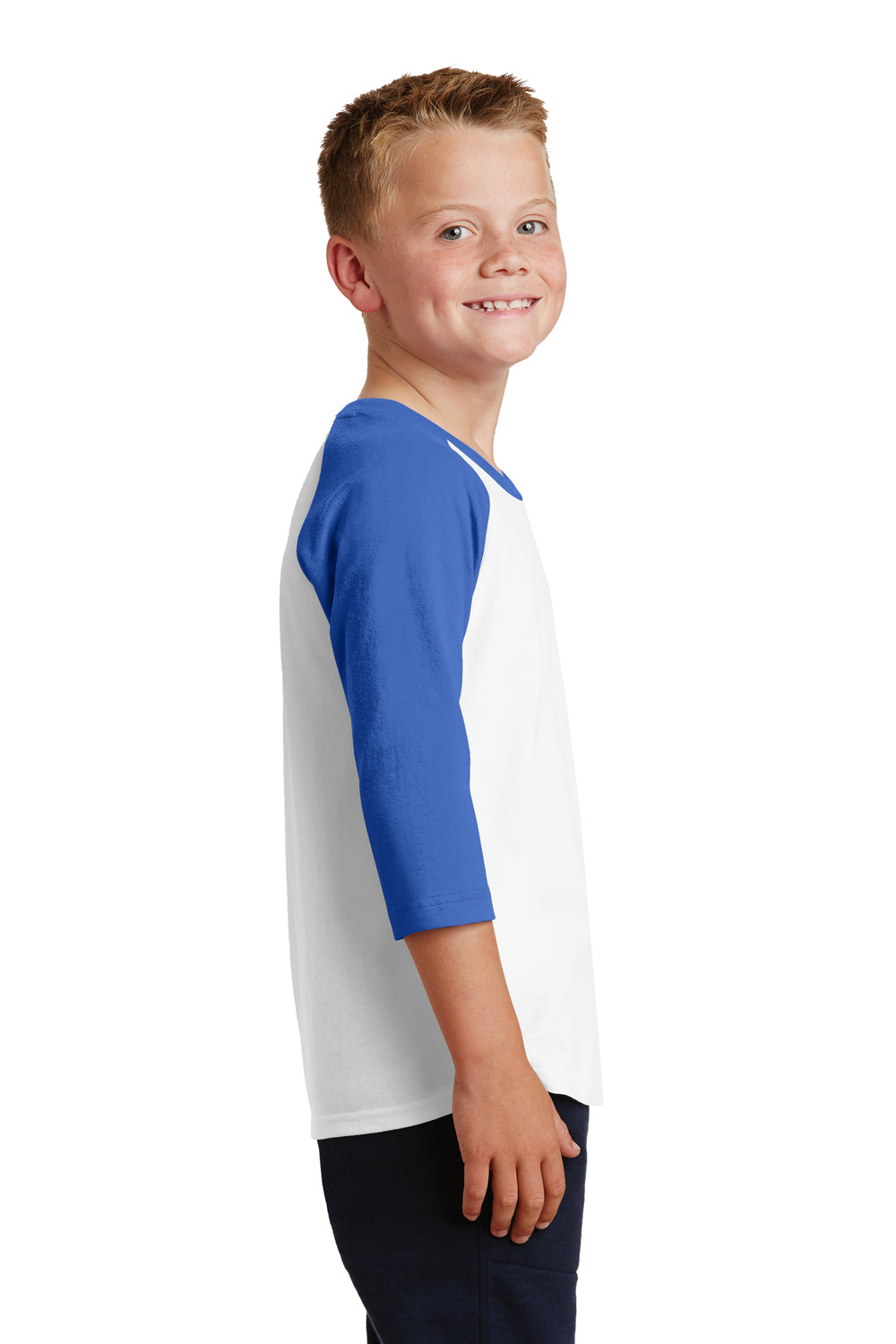 Port & Company PC55YRS Youth Core Moisture Wicking 3/4 Sleeve Crewneck T-Shirt White/Royal Blue Side