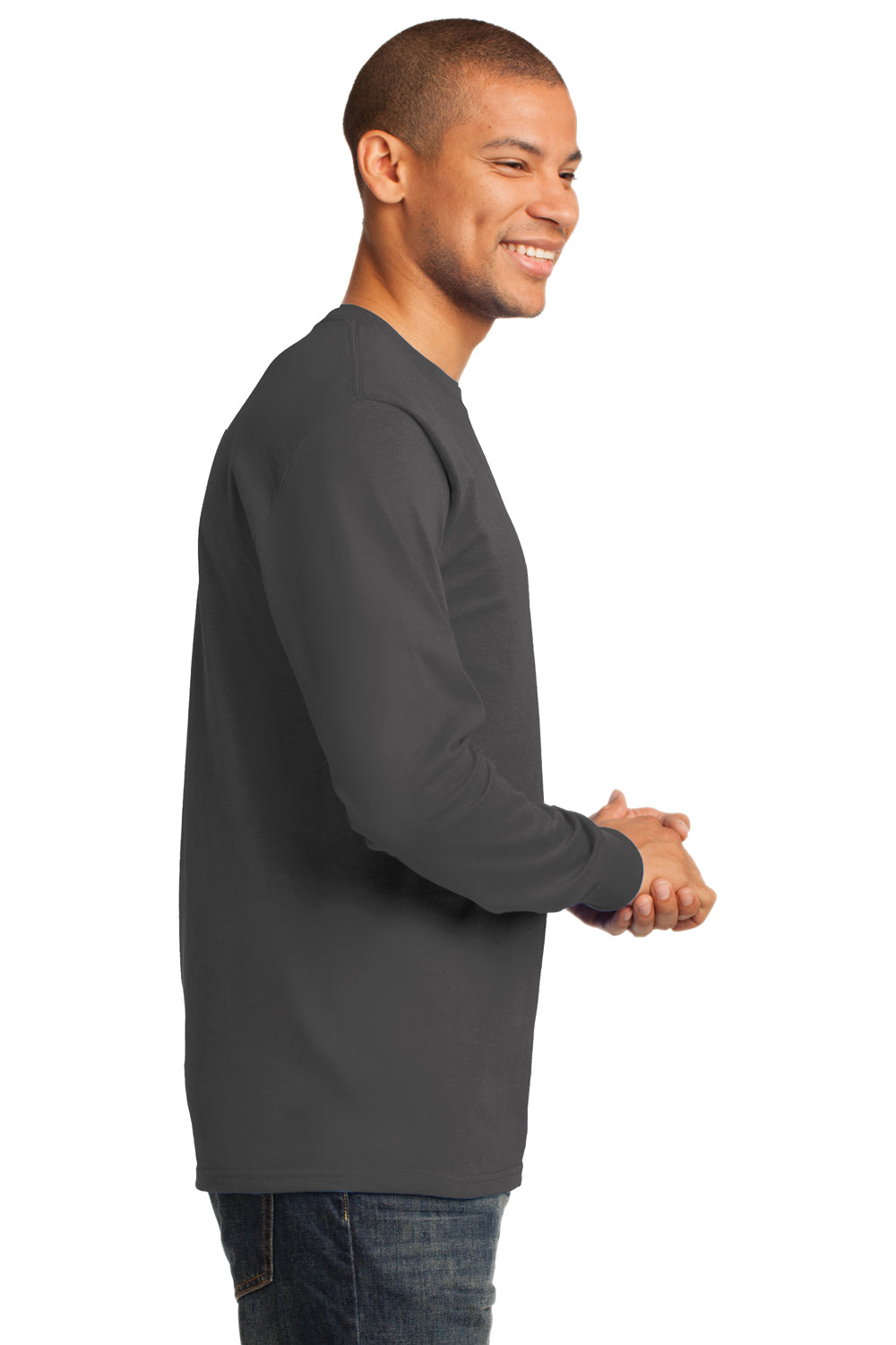 Port & Company PC61LS Mens Essential Long Sleeve Crewneck T-Shirt Charcoal Grey Side