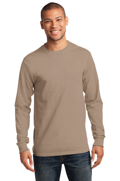 Port & Company PC61LS Mens Essential Long Sleeve Crewneck T-Shirt Sand Brown Front