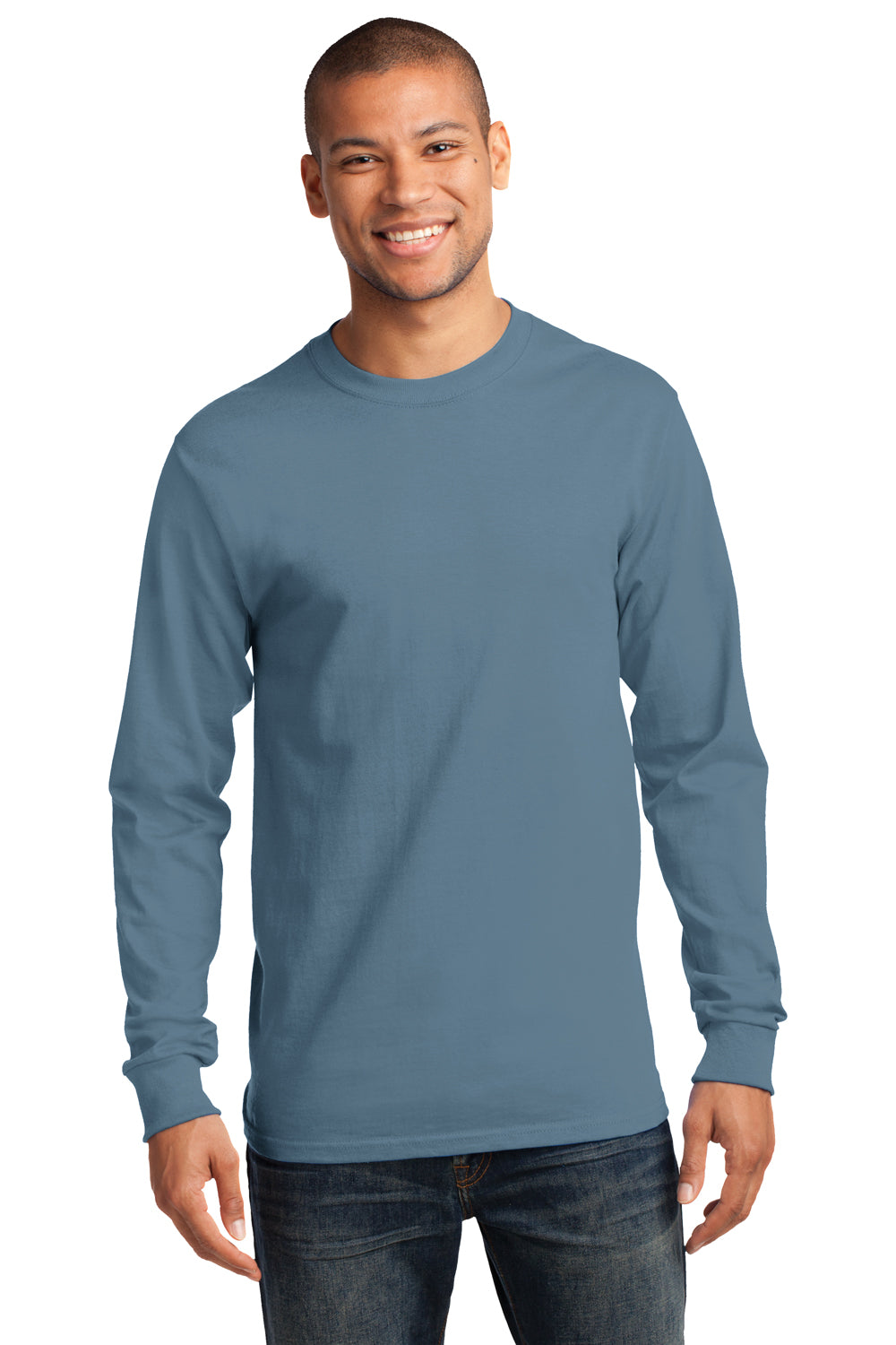 Port & Company PC61LS Mens Essential Long Sleeve Crewneck T-Shirt Stonewashed Blue Front