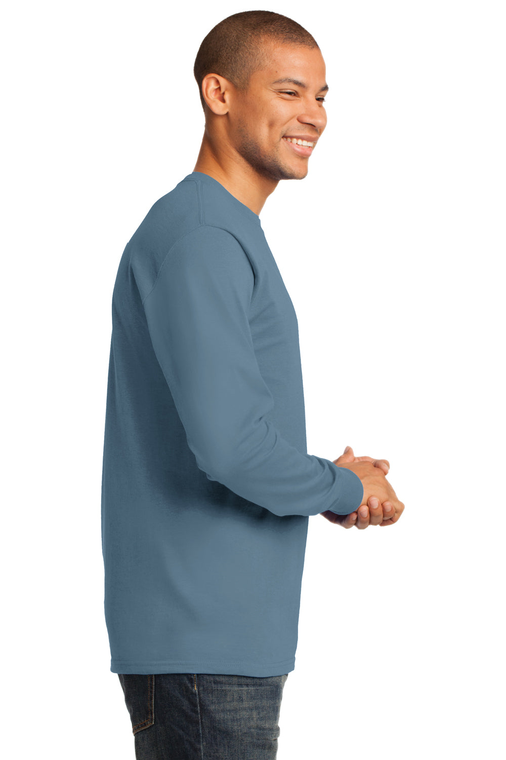 Port & Company PC61LS Mens Essential Long Sleeve Crewneck T-Shirt Stonewashed Blue Side