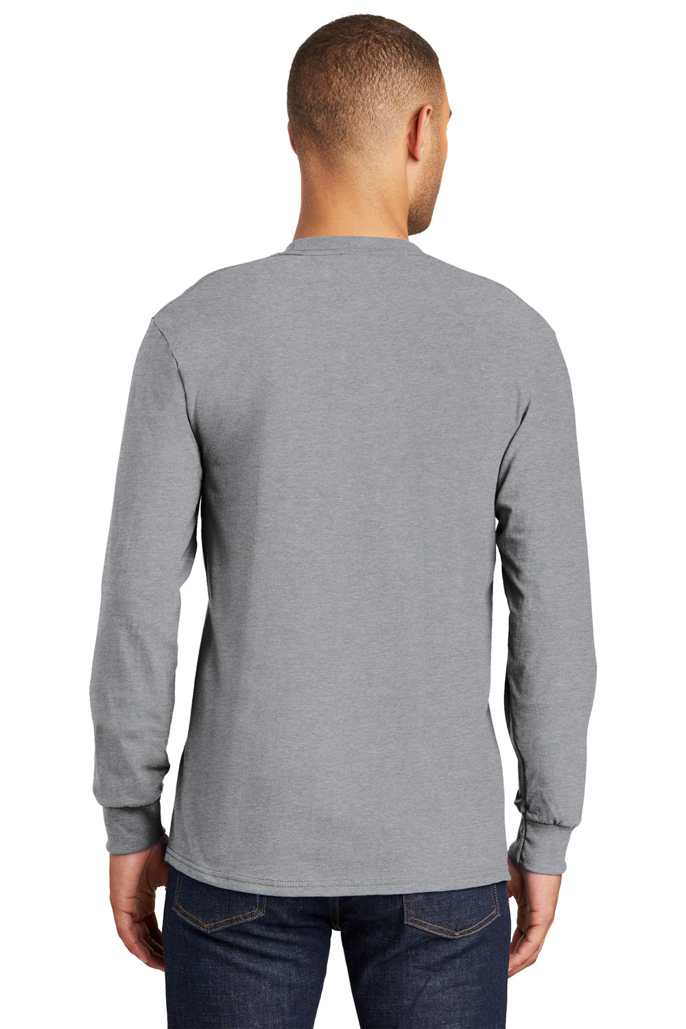 Port & Company PC61LSP Mens Essential Long Sleeve Crewneck T-Shirt w/ Pocket Heather Grey Back