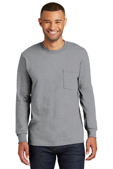 Port & Company PC61LSP Mens Essential Long Sleeve Crewneck T-Shirt w/ Pocket Heather Grey Front