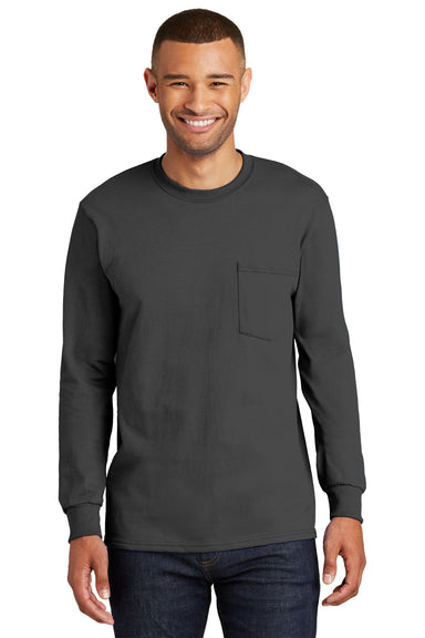 Port & Company PC61LSP Mens Essential Long Sleeve Crewneck T-Shirt w/ Pocket Charcoal Grey Front