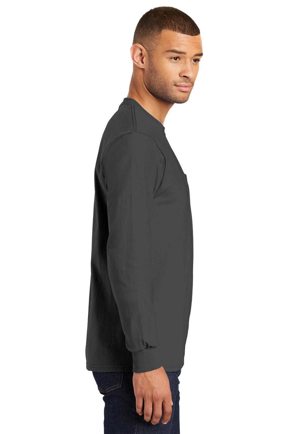 Port & Company PC61LSP Mens Essential Long Sleeve Crewneck T-Shirt w/ Pocket Charcoal Grey Side
