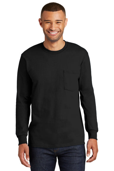 Port & Company PC61LSP Mens Essential Long Sleeve Crewneck T-Shirt w/ Pocket Black Front