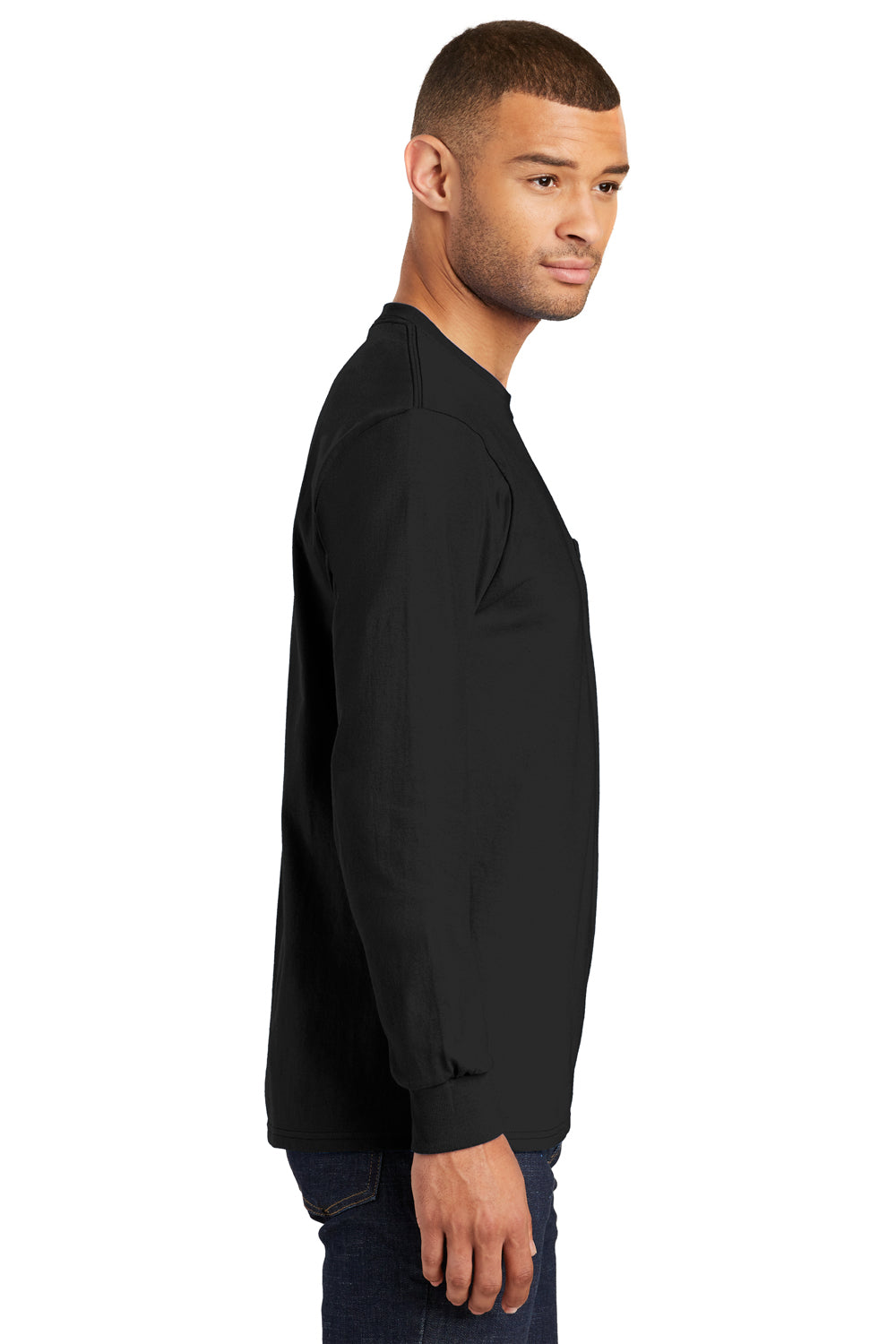 Port & Company PC61LSP Mens Essential Long Sleeve Crewneck T-Shirt w/ Pocket Black Side