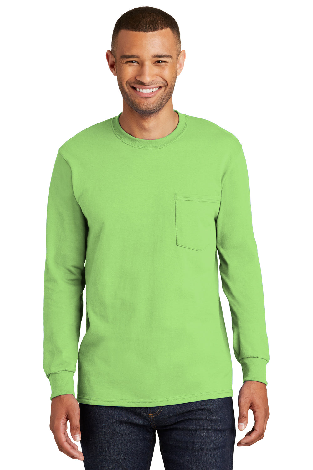 Port & Company PC61LSP Mens Essential Long Sleeve Crewneck T-Shirt w/ Pocket Lime Green Front