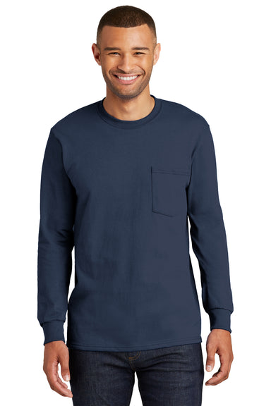 Port & Company PC61LSP Mens Essential Long Sleeve Crewneck T-Shirt w/ Pocket Navy Blue Front