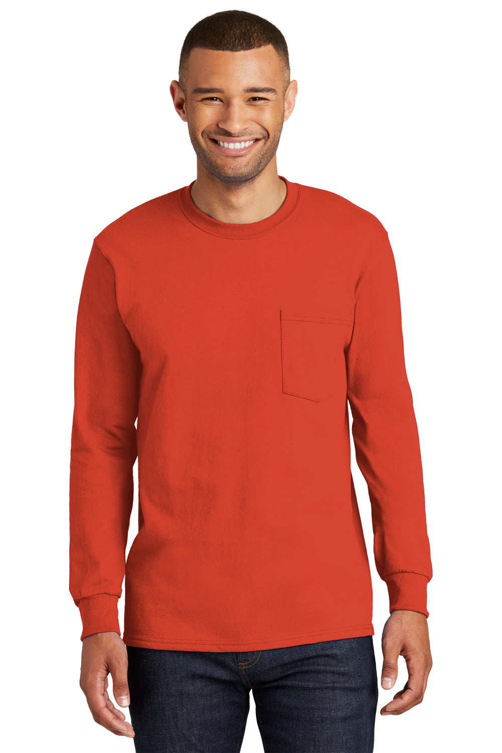 Port & Company PC61LSP Mens Essential Long Sleeve Crewneck T-Shirt w/ Pocket Orange Front