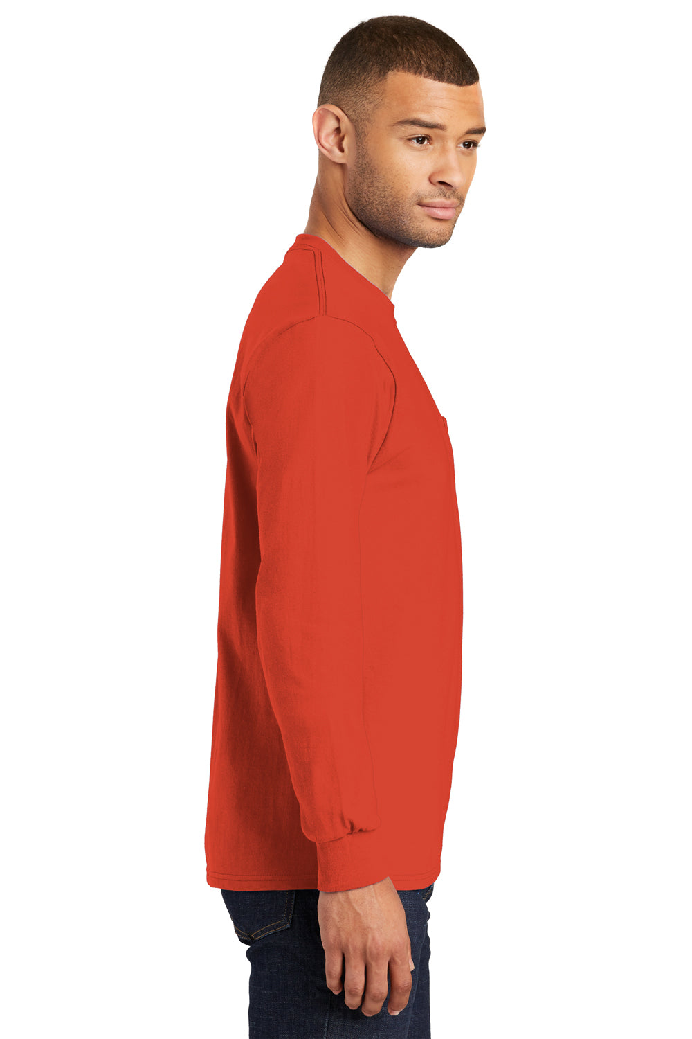 Port & Company PC61LSP Mens Essential Long Sleeve Crewneck T-Shirt w/ Pocket Orange Side