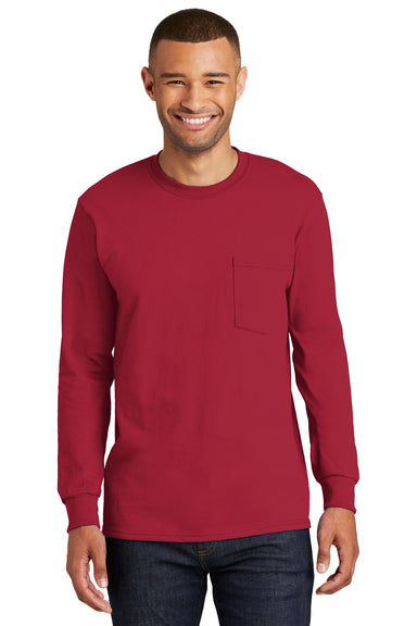 Port & Company PC61LSP Mens Essential Long Sleeve Crewneck T-Shirt w/ Pocket Red Front