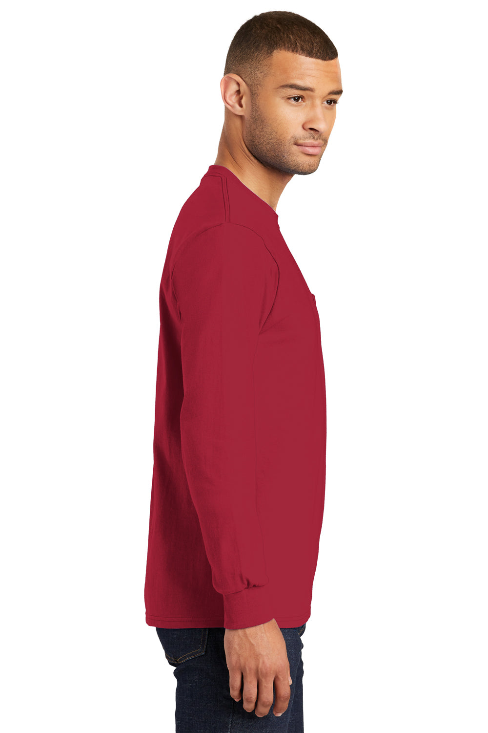 Port & Company PC61LSP Mens Essential Long Sleeve Crewneck T-Shirt w/ Pocket Red Side