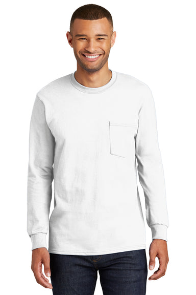 Port & Company PC61LSP Mens Essential Long Sleeve Crewneck T-Shirt w/ Pocket White Front