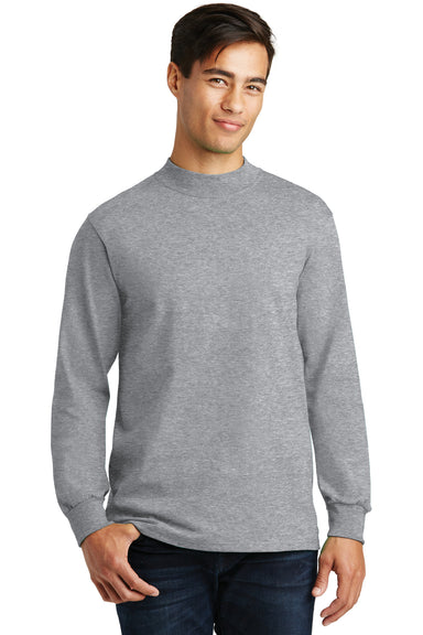 Port & Company PC61M Mens Essential Long Sleeve Mock Neck T-Shirt Heather Grey Front