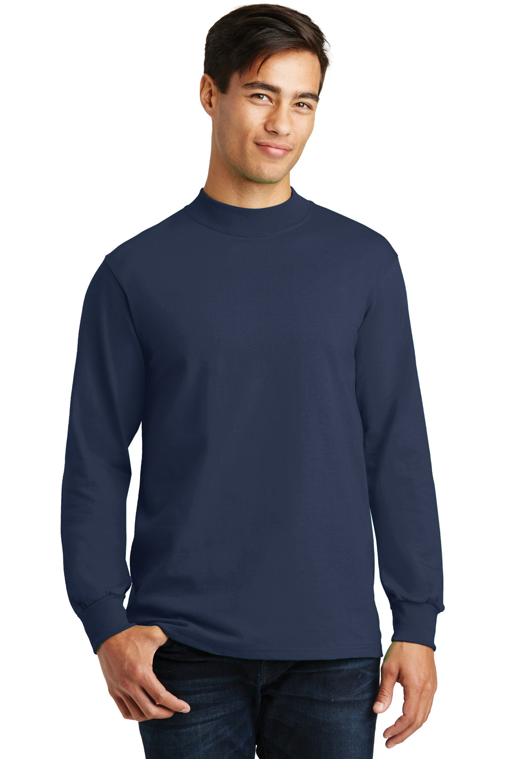 Port & Company PC61M Mens Essential Long Sleeve Mock Neck T-Shirt Navy Blue Front
