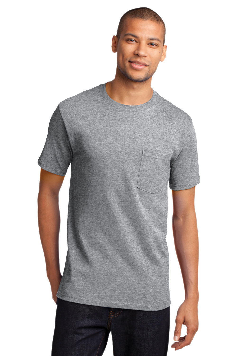 Port & Company PC61P Mens Essential Short Sleeve Crewneck T-Shirt w/ Pocket Heather Grey Front