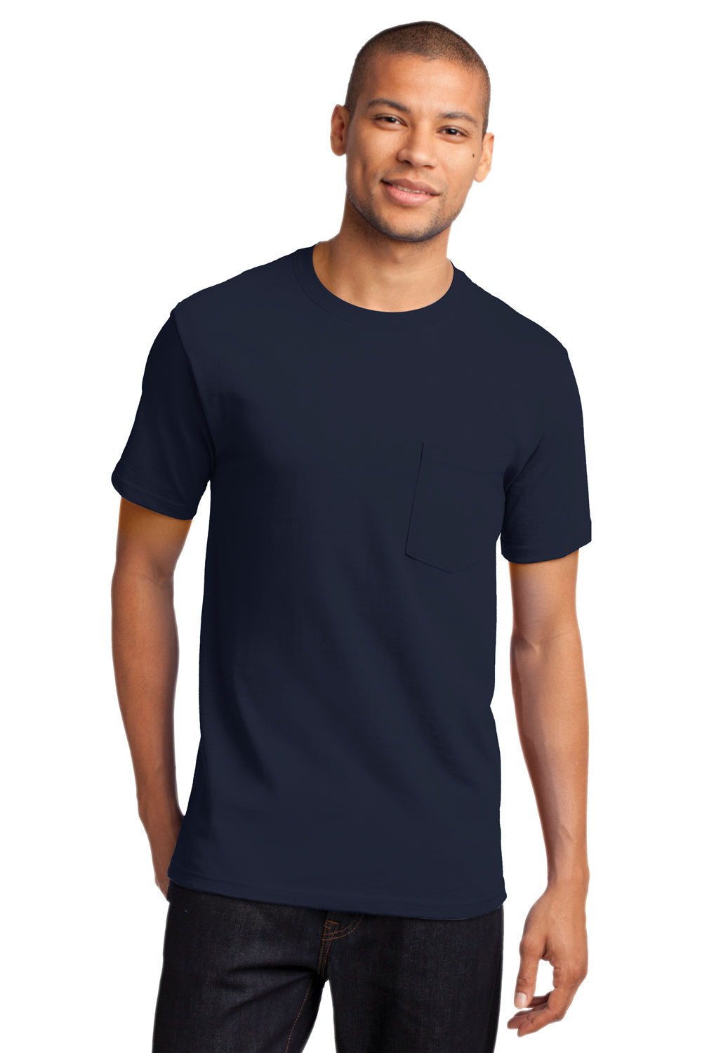Port & Company PC61P Mens Essential Short Sleeve Crewneck T-Shirt w/ Pocket Deep Navy Blue Front