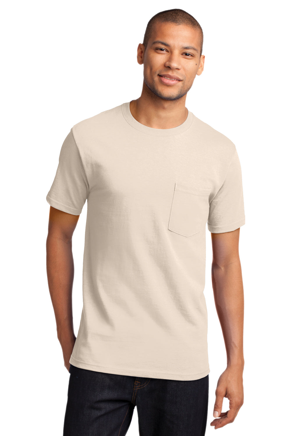 Port & Company PC61P Mens Essential Short Sleeve Crewneck T-Shirt w/ Pocket Natural Front
