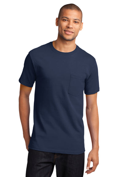Port & Company PC61P Mens Essential Short Sleeve Crewneck T-Shirt w/ Pocket Navy Blue Front