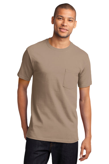 Port & Company PC61P Mens Essential Short Sleeve Crewneck T-Shirt w/ Pocket Sand Brown Front