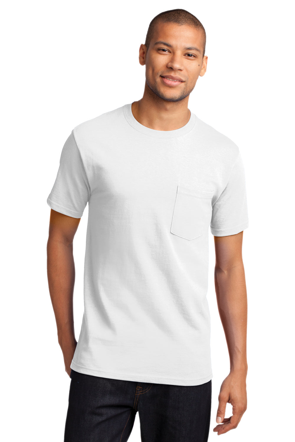 Port & Company PC61P Mens Essential Short Sleeve Crewneck T-Shirt w/ Pocket White Front