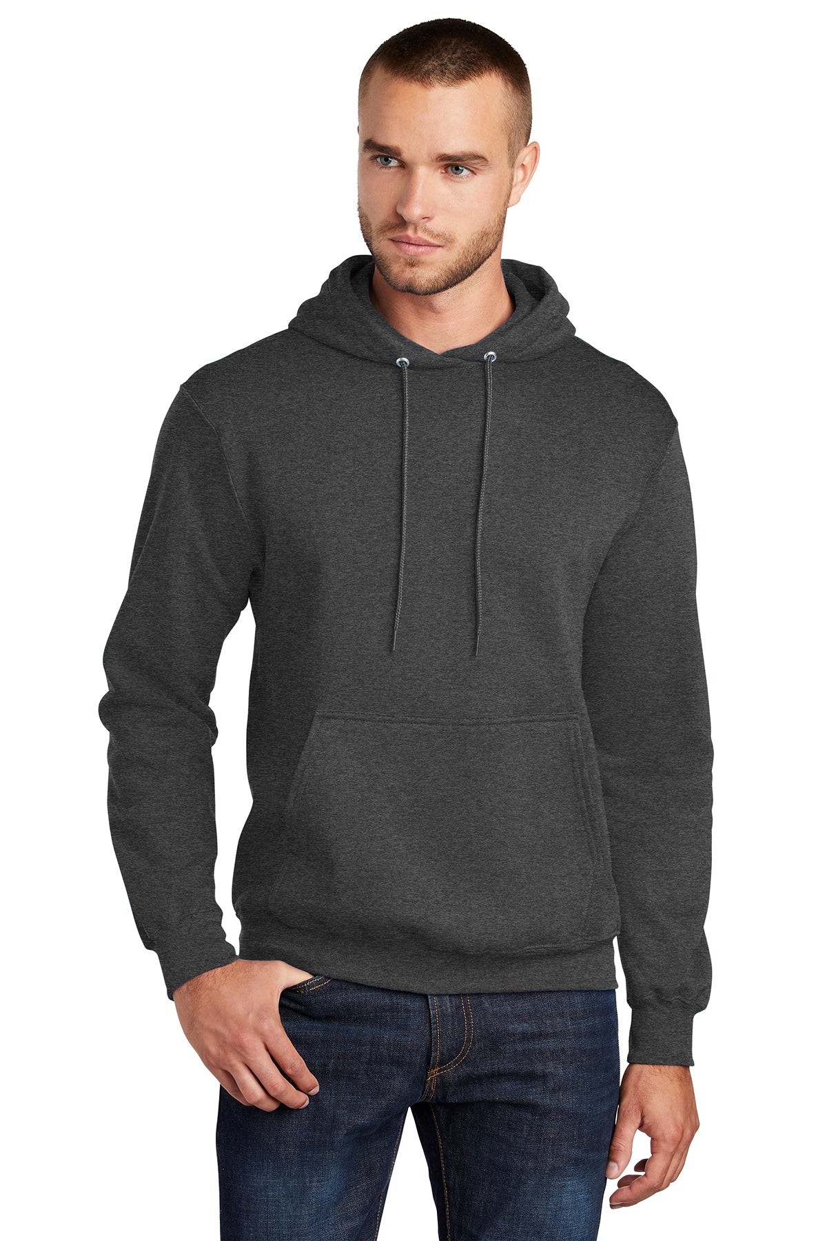 Port & Company PC78H Mens Core Fleece Hooded Sweatshirt Hoodie Heather Dark Grey Front