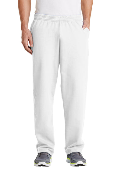 Port & Company PC78P Mens Core Fleece Open Bottom Sweatpants w/ Pockets White Front