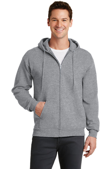 Port & Company PC78ZH Mens Core Fleece Full Zip Hooded Sweatshirt Hoodie Heather Grey Front