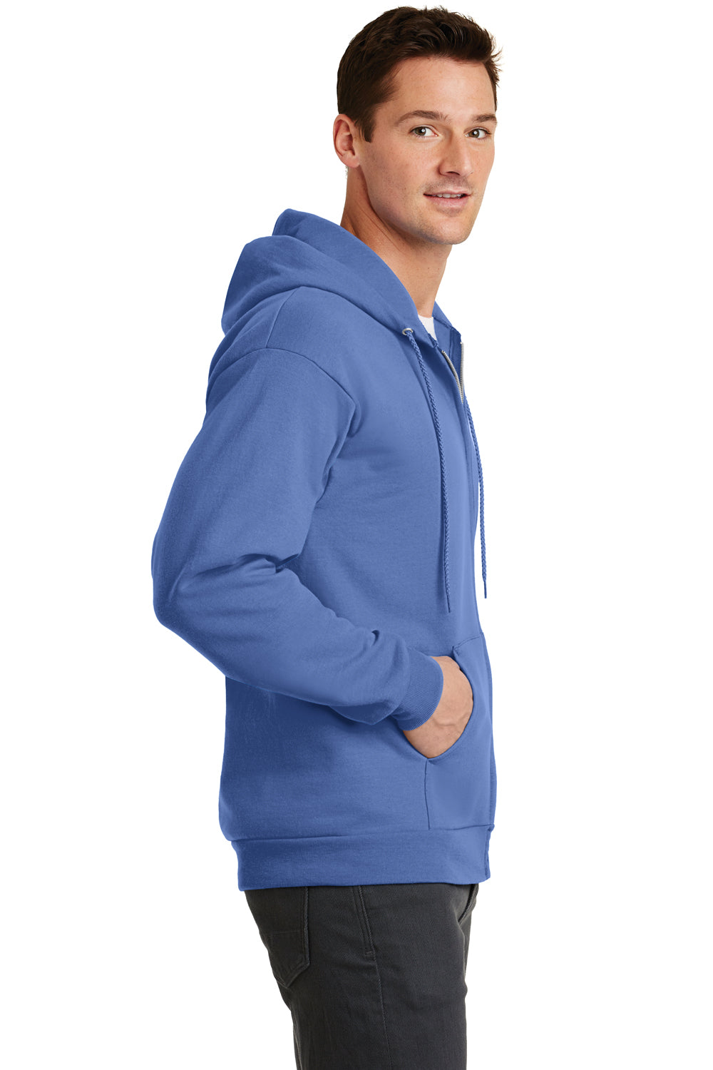 Port & Company PC78ZH Mens Core Fleece Full Zip Hooded Sweatshirt Hoodie Carolina Blue Side