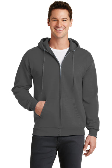 Port & Company PC78ZH Mens Core Fleece Full Zip Hooded Sweatshirt Hoodie Charcoal Grey Front
