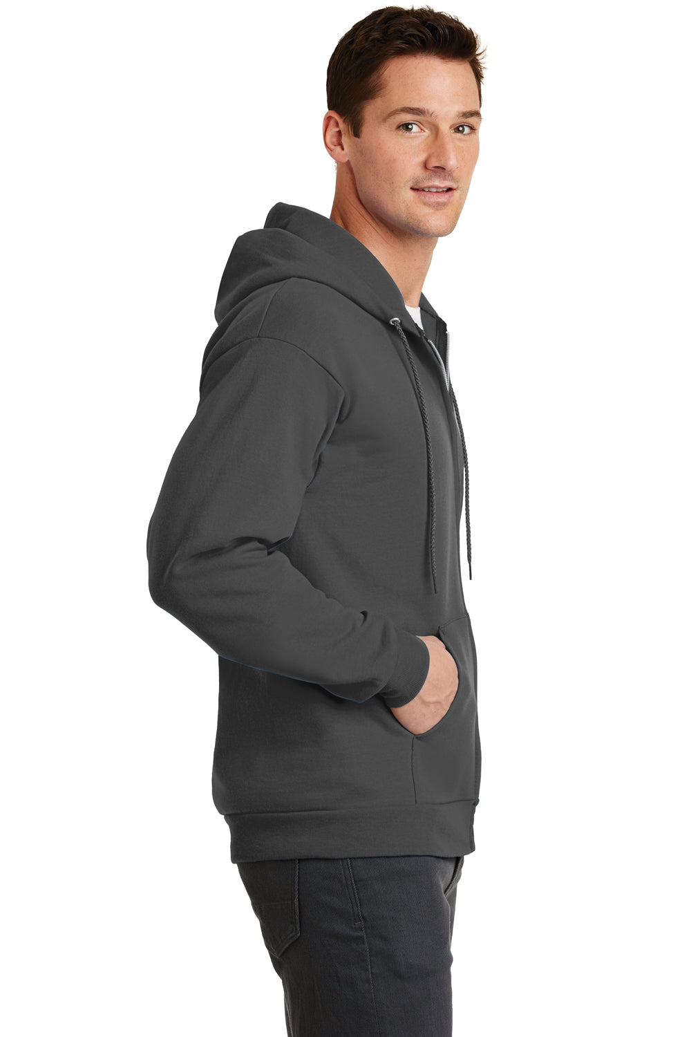 Port & Company PC78ZH Mens Core Fleece Full Zip Hooded Sweatshirt Hoodie Charcoal Grey Side