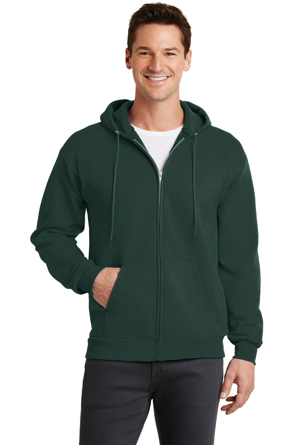 Port & Company PC78ZH Mens Core Fleece Full Zip Hooded Sweatshirt Hoodie Dark Green Front