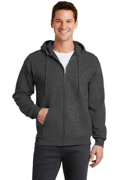 Port & Company PC78ZH Mens Core Fleece Full Zip Hooded Sweatshirt Hoodie Heather Dark Grey Front