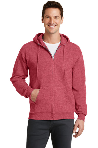 Port & Company PC78ZH Mens Core Fleece Full Zip Hooded Sweatshirt Hoodie Heather Red Front