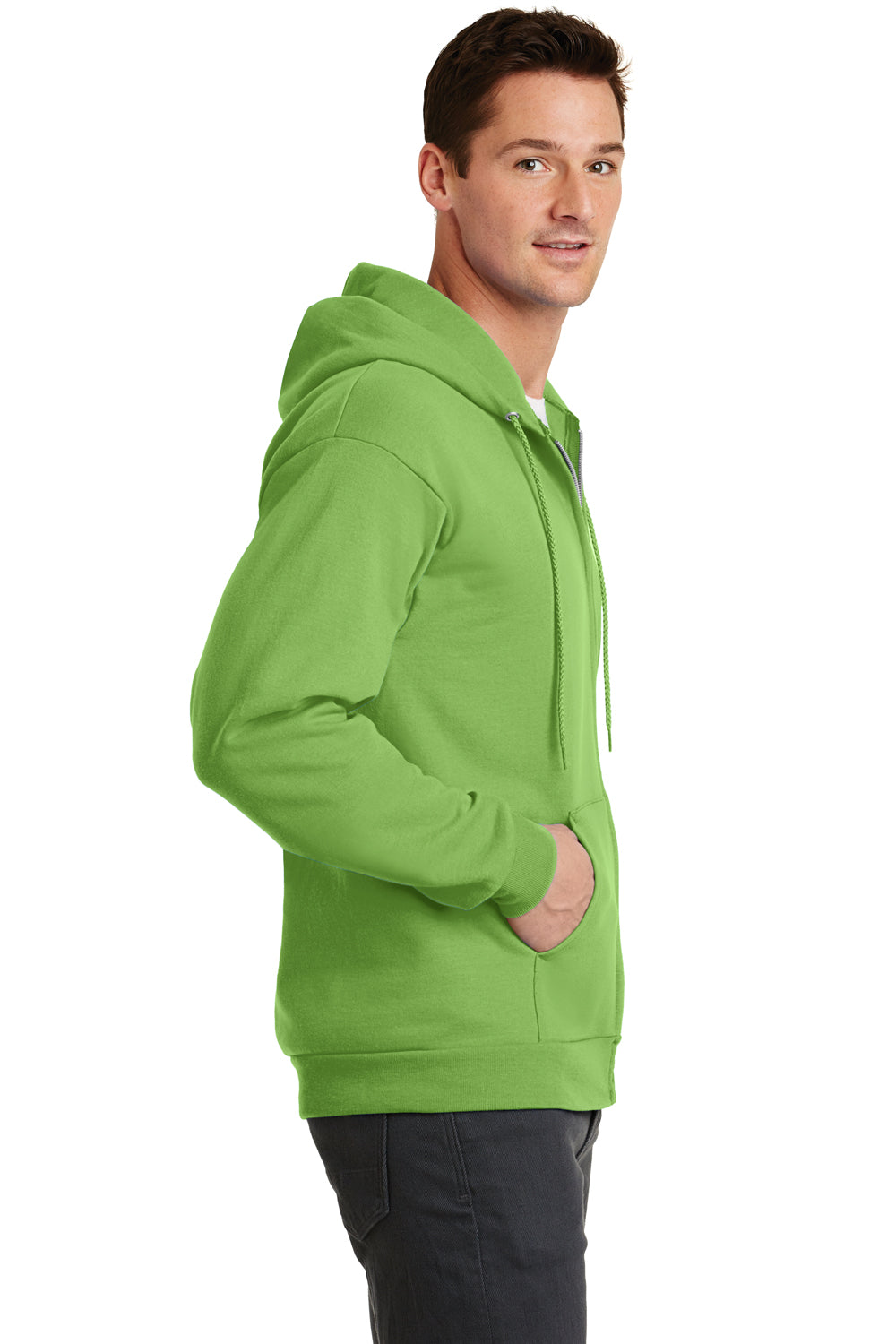 Port & Company PC78ZH Mens Core Fleece Full Zip Hooded Sweatshirt Hoodie Lime Green Side