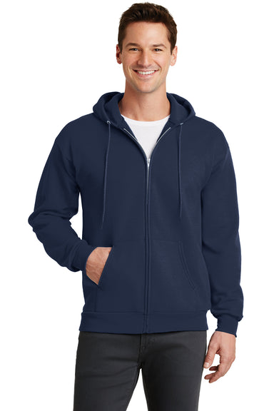 Port & Company PC78ZH Mens Core Fleece Full Zip Hooded Sweatshirt Hoodie Navy Blue Front