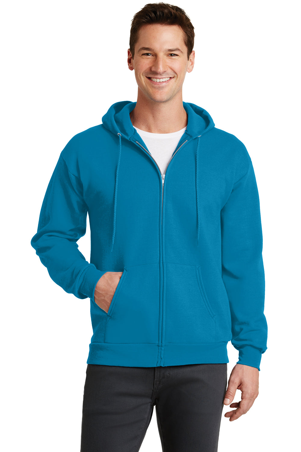 Port & Company PC78ZH Mens Core Fleece Full Zip Hooded Sweatshirt Hoodie Neon Blue Front