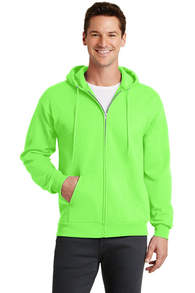 Port & Company PC78ZH Mens Core Fleece Full Zip Hooded Sweatshirt Hoodie Neon Green Front
