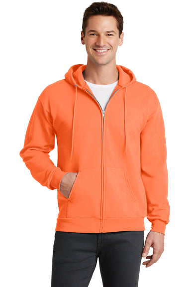 Port & Company PC78ZH Mens Core Fleece Full Zip Hooded Sweatshirt Hoodie Neon Orange Front