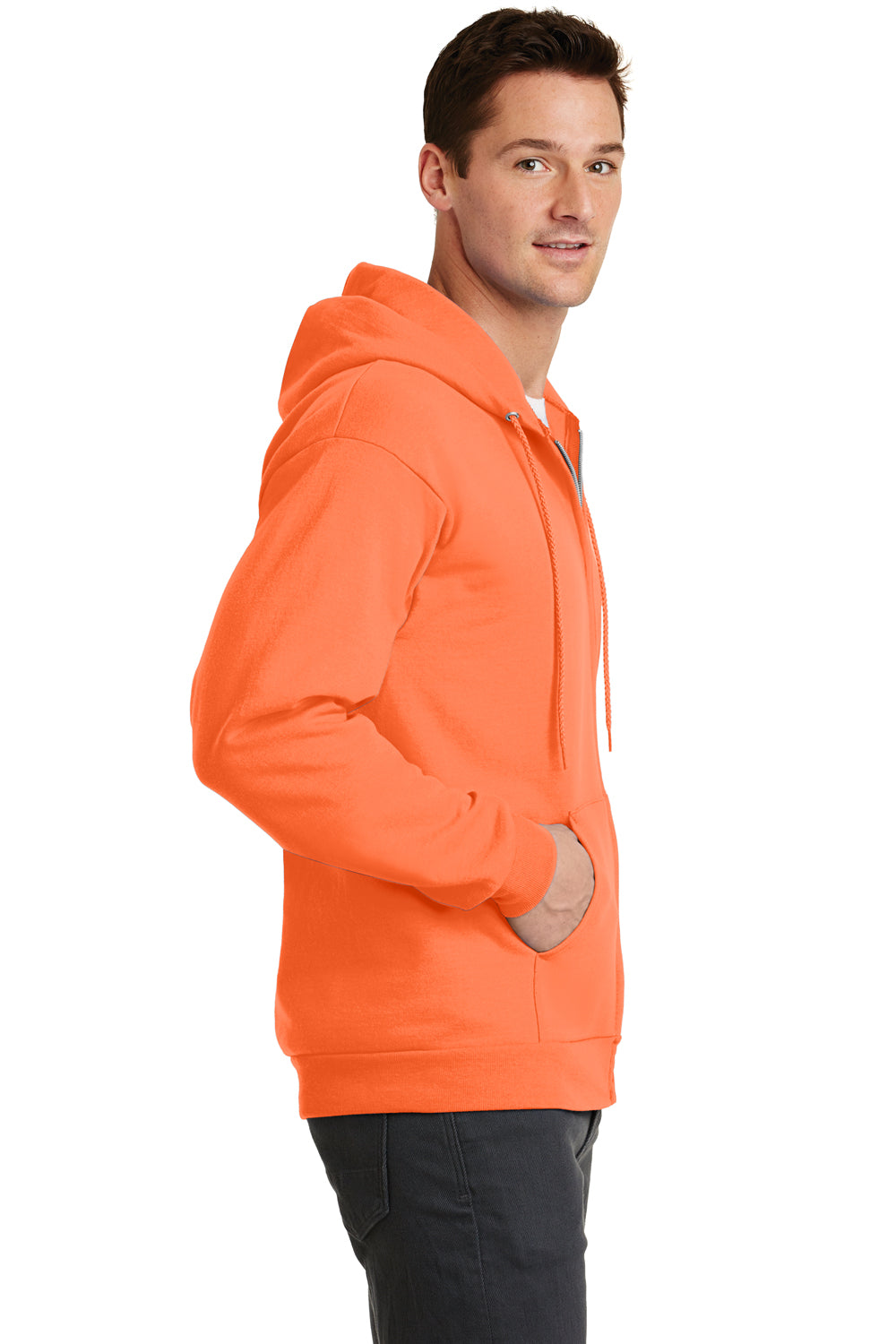 Port & Company PC78ZH Mens Core Fleece Full Zip Hooded Sweatshirt Hoodie Neon Orange Side