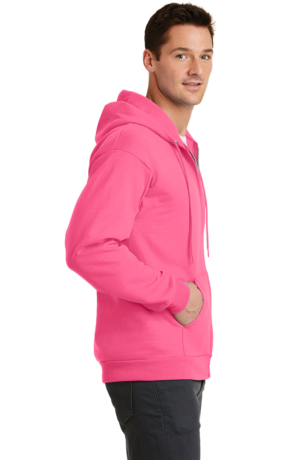 Port & Company PC78ZH Mens Core Fleece Full Zip Hooded Sweatshirt Hoodie Neon Pink Side